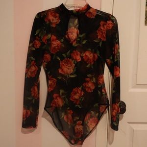 🌹 Red Rose Black Mesh Long Sleeved Bodysuit 🌹